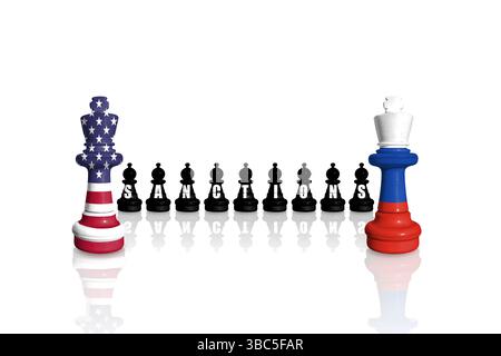 USA Sanktionen und Embargo für russischen Krieg und Aggression in der Ukraine. Schach aus Fahnen der USA und Russlands Stockfoto