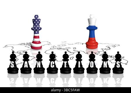 USA Sanktionen und Embargo für russischen Krieg und Aggression in der Ukraine. Schach aus Fahnen der USA und Russlands Stockfoto