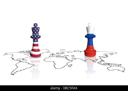 USA Sanktionen und Embargo für russischen Krieg und Aggression in der Ukraine. Schach aus Fahnen der USA und Russlands Stockfoto