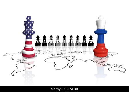 USA Sanktionen und Embargo für russischen Krieg und Aggression in der Ukraine. Schach aus Fahnen der USA und Russlands Stockfoto
