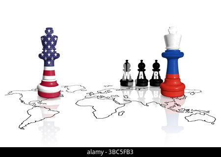 USA Sanktionen und Embargo für russischen Krieg und Aggression in der Ukraine. Schach aus Fahnen der USA und Russlands Stockfoto
