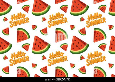 Nahtloses Sommermuster mit Cartoon-Wassermelonenscheiben und „Hello Summer Phrase“-Schriftzug. Vektorhintergrund-Illustration Stock Vektor