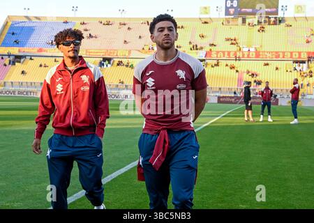Lecce, Italien. Mai 2025. Inspektion des Torino-Feldes während des Fußballspiels der Serie A Enilive zwischen US Lecce und Turin FC im Via del Mare Stadium in Lecce, Italien, am 18. Mai 2025. (Foto Fabrizio Corradetti/LaPresse) Credit: LaPresse/Alamy Live News Stockfoto