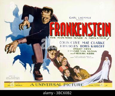 1931 Poster für den Film Frankenstein unter der Regie von James Whale, basierend auf Mary Shelleys Roman. Produziert von Carl Laemmle Jr. mit Colin Clive und Boris Karloff, Universal Studios Stockfoto