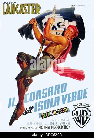 1952 italienisches Poster für Film Il Corsaro dell' Isola Verde („der Karmesinpirate“), ein Abenteuerfilm in der Karibik des 18. Jahrhunderts. Der Film spielt Burt Lancaster als Captain Vallo, einen Piraten, bekannt als Crimson Pirate, der eine Besatzung von Freibeutern anführt. Kunstwerk von Luigi Martinati Stockfoto