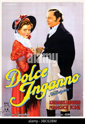 1937 italienisches Poster für den Film Dolce inganno. Original-amerikanischer Titel „Quality Street“, in einigen Regionen auch als „Sweet Deception“ bekannt. Die Hauptrollen sind Katharine Hepburn und Franchot Tone. Regie: George Stevens. RKO Kunstwerk von Tito Corbella Stockfoto