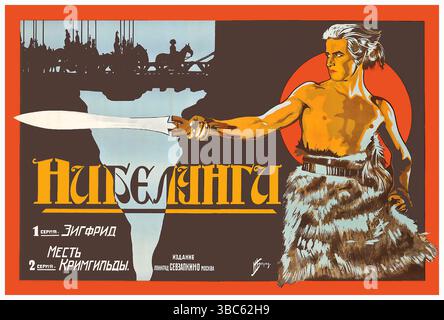 Sowjetisches Poster zu „die Nibelungen“, einem zweiteiligen deutschen Stummfilm aus dem Jahr 1924 unter der Regie von Fritz lang. Kunstwerk von Izrail Bograd Stockfoto