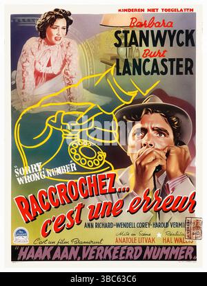 1948 französisches Poster für den US-amerikanischen Film Noir „Sorry, Wrong Number“ mit Barbara Stanwyck und Burt Lancaster unter der Regie von Anatole Litvak Stockfoto