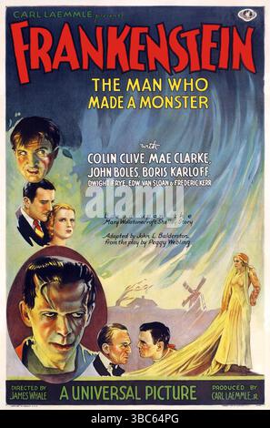 1931 Poster für den Film Frankenstein unter der Regie von James Whale, basierend auf Mary Shelleys Roman. Produziert von Carl Laemmle Jr. mit Colin Clive und Boris Karloff, Universal Studios Stockfoto