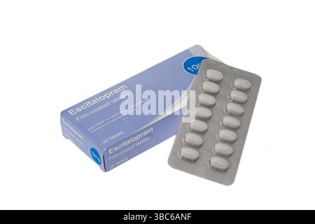 Eine generische Packung Escitalopram-Pillen, ein Antidepressivum. Stockfoto