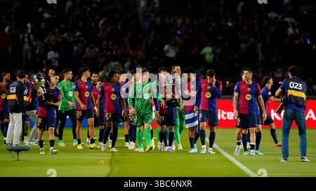 Barcelona, Spanien. Mai 2025. Die Spieler des FC Barcelona spielten während des Spiels La Liga EA Sports zwischen dem FC Barcelona und Villarreal CF am 18. Mai 2025 im Lluis Companys Stadium in Barcelona, Spanien. (Foto: Sergio Ruiz/Imago) Credit: PRESSINPHOTO SPORTS AGENCY/Alamy Live News Stockfoto
