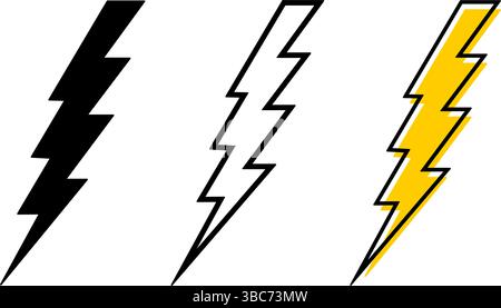 Satz von Thunderbolt-Symbolen. Leuchtende Silhouetten. Gefahr, Warnung oder dramatische Zeichen auf weißem Hintergrund. Symbole für Taschenlampe, Energie, Strom oder Akkuladung. Vektorgrafik. Stock Vektor