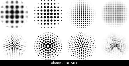 Set aus gepunkteten Kreisen mit Halbtonüberblendung. Runde Formen mit Punktmuster isoliert auf weißem Hintergrund. Kreisförmige Designelemente mit Punktmuster. Vektorgrafik. Stock Vektor