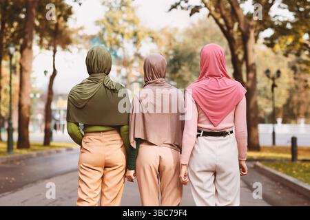 Rückansicht Von Drei Modernen Muslimischen Frauen, Die Im Park Spazieren Stockfoto