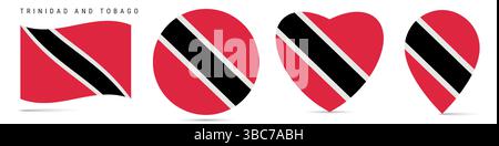Trinidad und Tobago schwenkende Flagge, runder kreisförmiger Aufkleber, herzförmiges Symbol, Kartennadel. Republik Trinidad und Tobago Flaggenknöpfe verschiedener SHA Stock Vektor