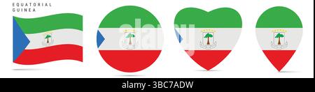 Wehende Flagge Äquatorialguineas, runder kreisförmiger Aufkleber, herzförmiges Symbol, Kartennadel. Flaggenknöpfe der Republik Äquatorialguinea in verschiedenen Formen. Stock Vektor