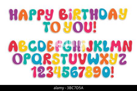 Happy Birthday Kalligraphie Sticker Clipart Set. Herzlichen Glückwunsch zur Begrüßung mit Buchstaben, Zahlen und Alphabeten in farbenfrohen Aufklebern Stock Vektor