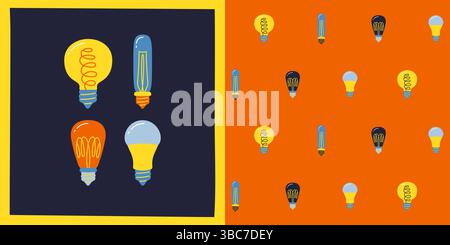 Moderne Glühlampe und nahtlose Zeichentrickillustration. Energiesparende verschiedene Glühlampen isolierter Vektor. Ideendenken, Elektrizitätsillustration grenzenloses endloses Hintergrundvektordesign Stock Vektor