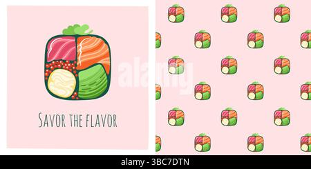 Sushi-Rolle mit nahtlosem Cartoon-Muster von Lachs und Thunfisch-Garnelen. Traditionelles asiatisches japanisches Essen grenzenloser Hintergrund. Meeresfrüchte endloses Vektor-Design für Papier Druck Stoff Wrapper Hintergrund Vorlage Stock Vektor