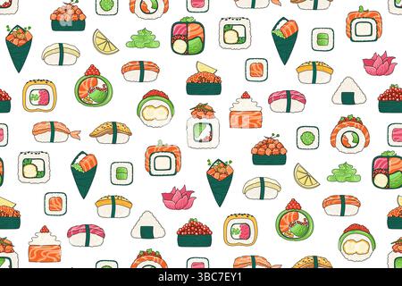 Nahtloses Sushi-Zeichentrickmuster. Traditionelles asiatisches japanisches Essen grenzenloser Hintergrund. Verschiedene Arten Sushi Meeresfrüchte Philadelphia, Maki Roll, Kalifornien, Nigiri Sashimi endlose Vektor Design Vorlage Stock Vektor