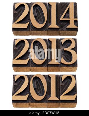 Kommende Jahre 2012, 2013, 2014 - isolierte Zahlen in Vintage-Holzdruckblöcken Stockfoto