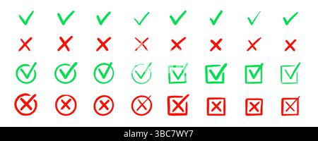 Häkchen-Symbol-Set aktivieren. Kreuzfeld x Häkchen Kontrollkästchen V Liste Vektor Zeichnung handgezeichnet Skizze Kritzelpinsel Marker Checkliste Symbol falscher rechter Kreis. Vektorabbildung Stock Vektor