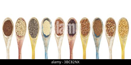 Eine Sammlung glutenfreier Körner und Samen auf isolierten Holzlöffeln - Kaniwa, Sorghum, Chia, Amaranth, rote Quinoa, schwarzer Quinoa, brauner Reis, Teff, Stockfoto
