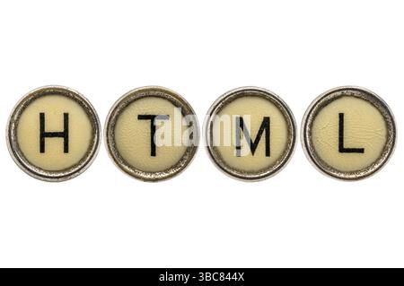 HTML - Akronym in alten runden Schreibmaschinenschlüsseln, die auf weiß isoliert sind Stockfoto