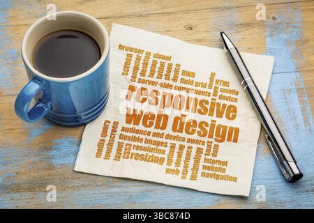 Responsive Webdesign Wortwolke auf einer Serviette mit einer Tasse Kaffee Stockfoto