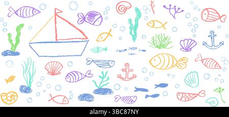 Set mit Kritzelfischen, Algen und Blasen. Farbenfrohe pastellfarbene Wachsstruktur auf weißem Tafel-Hintergrund. Niedlicher Squiggle-Art-Stil, wie Kohle oder Stock Vektor