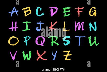 Englisches Alphabet, handgezeichnet mit einem Buntstift. Bunte Großbuchstaben in Kreide-, Pastellfarben- oder Wachsform. Highlighter-Effekt auf Whiteboard für den Kindergarten Stock Vektor