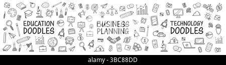 Business Technology and Education kritzelt handgezeichnete Symbole. Vektorabbildung Stock Vektor