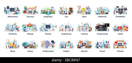 Unterrichtsfächer und pädagogisches Unterrichtsset. Das moderne Schulbildungssystem. Illustration des Bildungsvektors. Stock Vektor