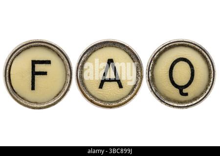 FAQ - häufig gestellte Fragen-Abkürzung in alte Runde Schreibmaschine Schlüssel isoliert auf weiss Stockfoto