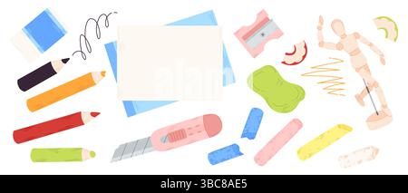 Zeichenutensilien - Farbstifte, Graphit-Holzkohle-Sticks, hölzerne Schaufensterpuppe, Skizzierbuchseiten und Radiergummi-Flecken. Art School Klasse Schreibwaren, Studenten Hobby Zubehör Set. Stock Vektor