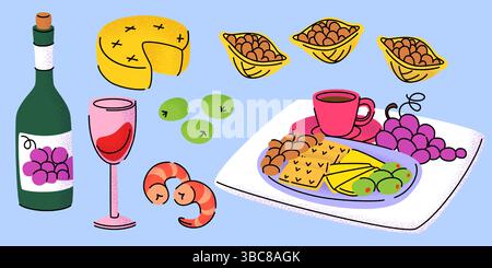 Traditionelle italienische Küche - Weinflasche und Glas, Käserad und Scheiben auf Teller, Trauben und Meeresfrüchte-Garnelen. Retro-Doodle-Zeichnungen von Esstisch mit Kaffeetasse auf Teller. Stock Vektor