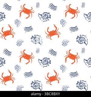 Nahtloses Marinemuster mit Krabben, Muscheln und Wellen auf weißem Hintergrund. Grobe Kreideskizze handgezeichnete Vektorillustration. Für Textilien, Web Stock Vektor