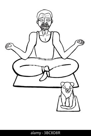 Ein alter Mann meditiert in Lotusposition. Auf einer Matte. Kleiner Hund auf Matte neben ihm. Beide haben ihre Augen geschlossen. Mann mit Bart, in T-Shirt, Muskeln sind sichtbar. Strichgrafik. Schwarze Kontur. Weißer Hintergrund. Stockfoto