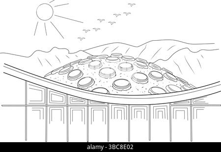 Einfache schwarz-weiße Strichzeichnung des Gebäudes der California Academy of Sciences im Golden Gate Park, San Francisco, mit seinem dist Stock Vektor