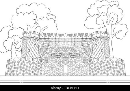 Detaillierte schwarz-weiße Strichgrafik-Illustration mit einem kunstvollen Fantasy-Schloss mit komplizierten Mustern an den Wänden und umgeben von einem stilisierten Baum Stock Vektor