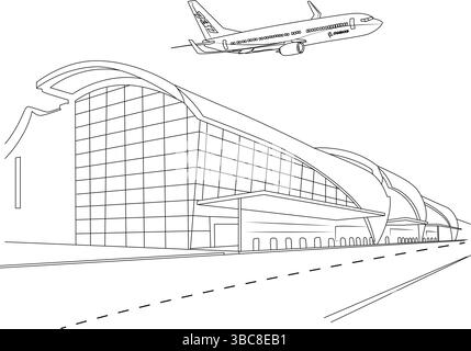 Eine einfache schwarz-weiße Linienzeichnung, die das moderne Terminalgebäude des Mineta San Jose International Airport in Kalifornien mit einem Passagier darstellt Stock Vektor