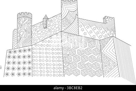 Detaillierte schwarz-weiße Strichgrafik-Illustration einer Fantasy- oder mittelalterlichen Burg mit verschiedenen komplizierten und abstrakten Mustern, die die Wände und bedecken Stock Vektor