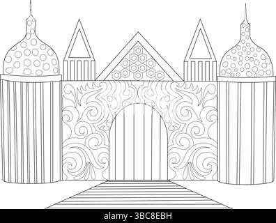 Schwarz-weiße Linienzeichnung eines dekorativen und komplizierten Fantasy-Schlosses oder Palasteingangs. Zu den Ausstattungsmerkmalen gehören stilisierte Türme, gemusterte Kuppeln und eine Gra Stock Vektor