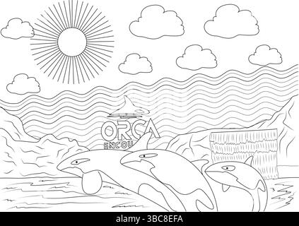 Schwarz-weiße Strichzeichnung, die Orcas vor einem Wasserfall mit Wellen, Sonne und Wolken zeigt. Enthält den Text „ORCA ENCO Stock Vektor