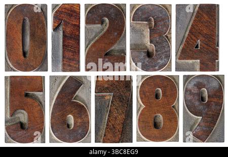 Ein Satz von isolierten 10 Zahlen von Null bis neun in Vintage-Buchdruckholz mit Tintenpatina Stockfoto