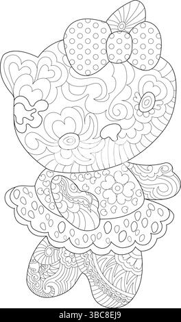 Schwarz-weiße Strichgrafik-Illustration einer niedlichen Zeichentrickkatze, verziert mit detaillierten, komplizierten Mustern im zentangle-Stil. Ideal für Erwachsene Colo Stock Vektor