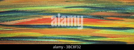 Grüner, blauer, roter und gelber abstrakter Aquarellhintergrund handgemalt mit horizontalen Pinselstrichen (selbst gemacht), Panoramafanner Stockfoto