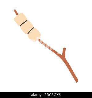 Einfaches Marshmallow auf einem Stock zum Braten auf einer Feuerhand im Doodle-Stil. Camping süße Speisen. Illustration von Vektorlinien. Stock Vektor