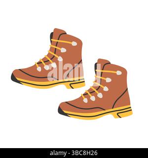 Einfache Wanderschuhe. Hand gezeichnete Vektorillustration von gelben und braunen Reiseschuhen für Tourismus und Camping. Flache Zeichnung von Schuhen für die Reise und Stock Vektor