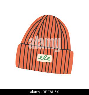 Rote Strickmütze. Camping-Wollmütze. Modisches Kopfaccessoire, warm getragen für kaltes Wetter. Strickmütze, Wollstrick im trendigen Stil. Flacher Vektor Stock Vektor